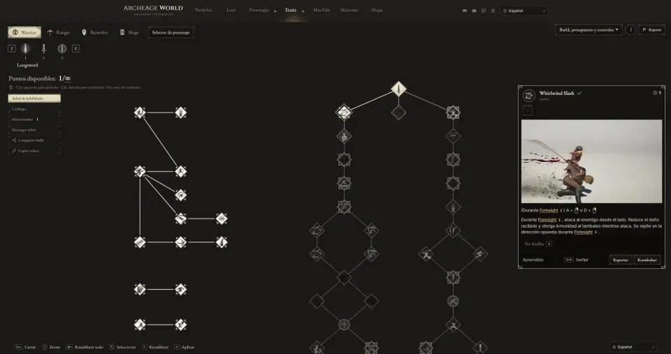 Árboles de habilidades de armas y clases (Traits)