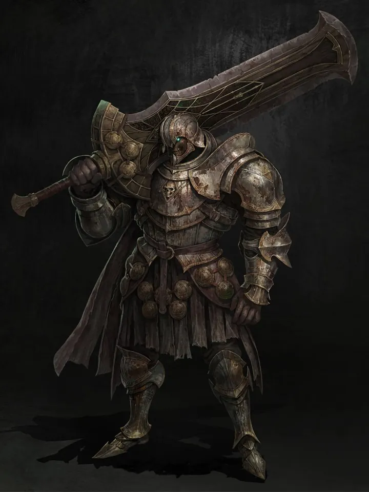 Guerrero con armadura pesada, yelmo cerrado y una espada enorme a la espalda, sobre fondo oscuro.