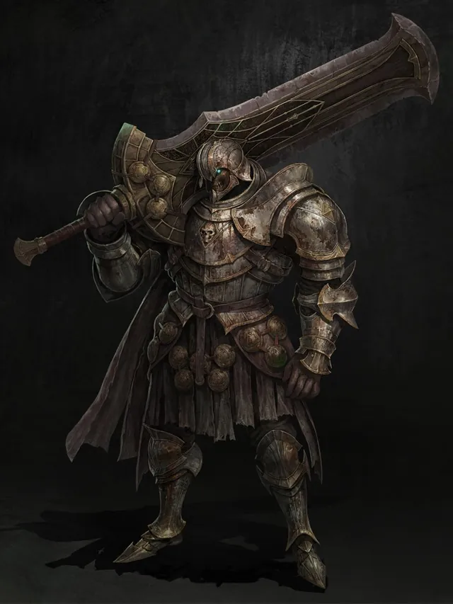 Guerrero con armadura pesada, yelmo cerrado y una espada enorme a la espalda, sobre fondo oscuro.