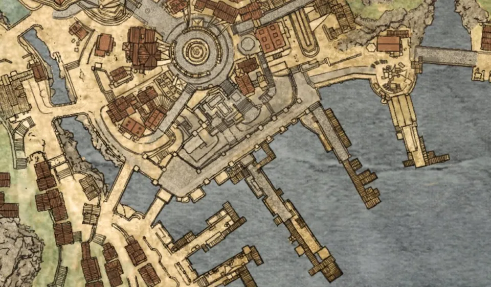 Mapa ilustrado de un puerto, con muelles, manzanas y una plaza circular, sin topónimos legibles.
