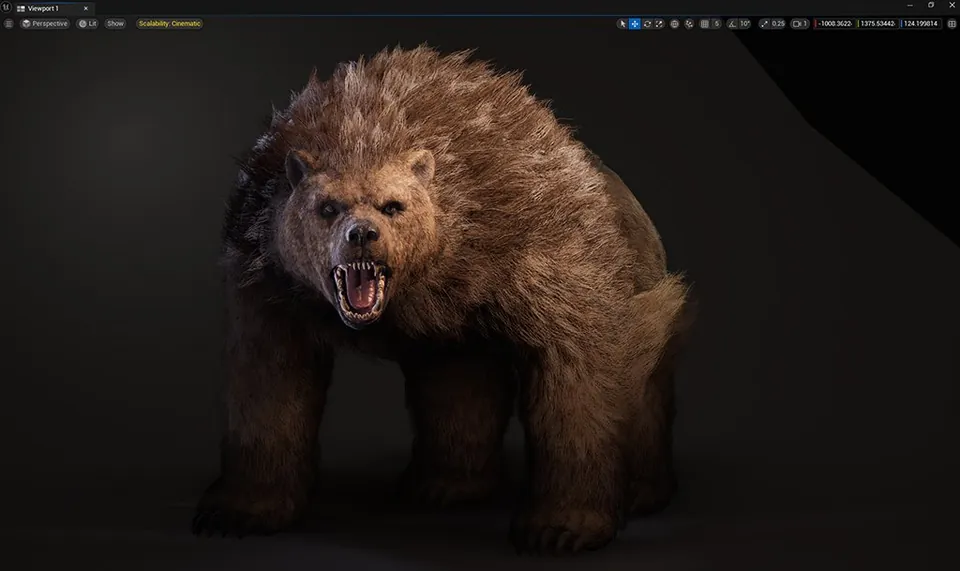 Oso pardo a cuatro patas, con la boca abierta, en una vista con barra de editor.
