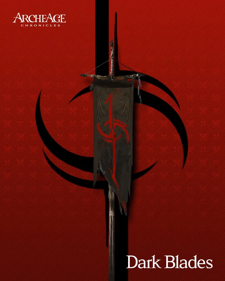 Estandarte de los Dark Blades: tela oscura y rasgada con un signo rojo, colgada de una espada, sobre fondo rojo.