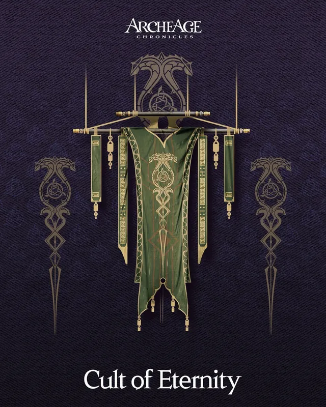 Estandarte verde y oro del Cult of Eternity, con un motivo en el centro, colgantes a los lados y un adorno sobre el soporte.